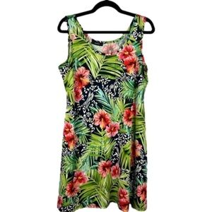 Mandee Tropical Floral Sleeveless Knee Length Shift Dress Large Green Pink